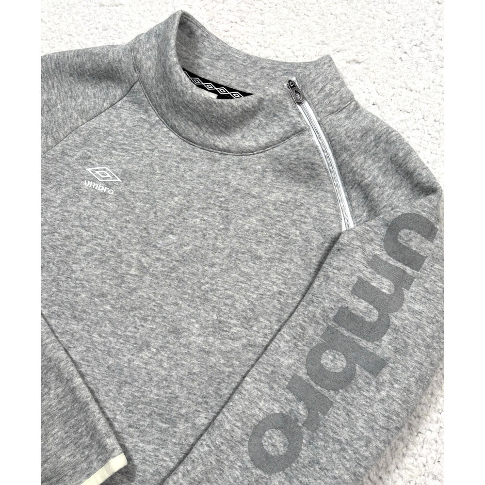 Umbro 1/4 Side Zip Sweatshirt Womens XS Gray Spellout Thumb Loop Mock Neck Logo